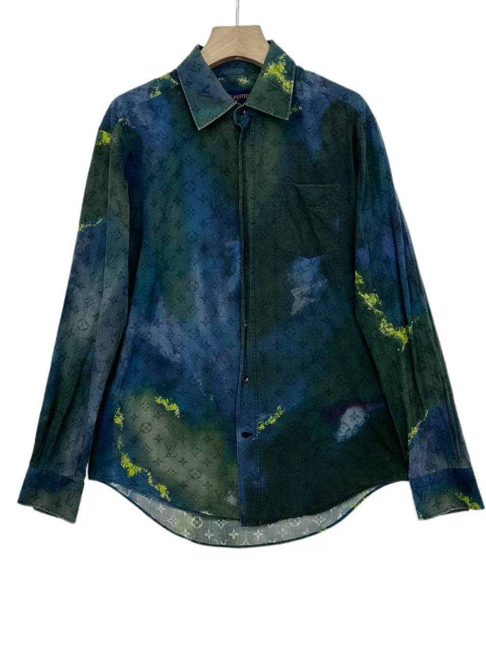 Louis Vuitton Blue Green Monogram Long-Sleeve Button-Down with Yellow Accents